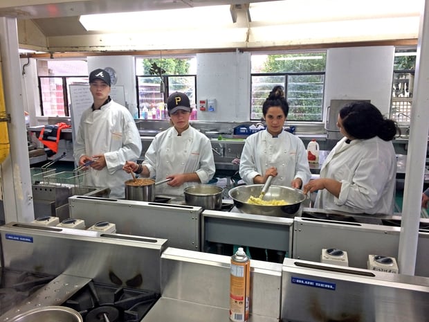 Trades training participants (from left) Joshua O'Connor, Tanisha Wikaira-Davies, Shianne Kire and Nakeisha Ututaonga-Britton in the full-size professional catering kitchen that can feed 200 people.